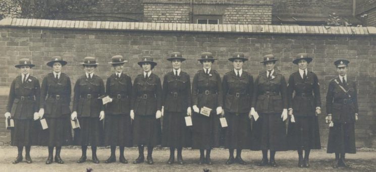 Thought to be some of the original police women taken in August 1917 while they were still employed in the National Filling Factory. Woman Police Constable Tonra third from left, Woman Police Constable Sandover seventh from left. Marion Sandover was the first police woman in Gloucestershire having collar number 1. (Gloucestershire Police Archives URN 102)