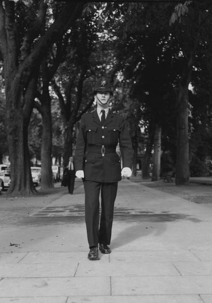Police Constable wearing the new issue of uniform (change to collar and tie from high collar) 1954. (Gloucestershire Police Archives URN 1089) 