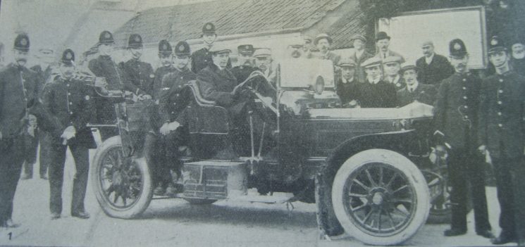 Birdlip Hill Climb 29-06-1907 Superintendent James Biggs in car with officers who assisted to marshal traffic(Gloucestershire Police Archives URN 3397) 