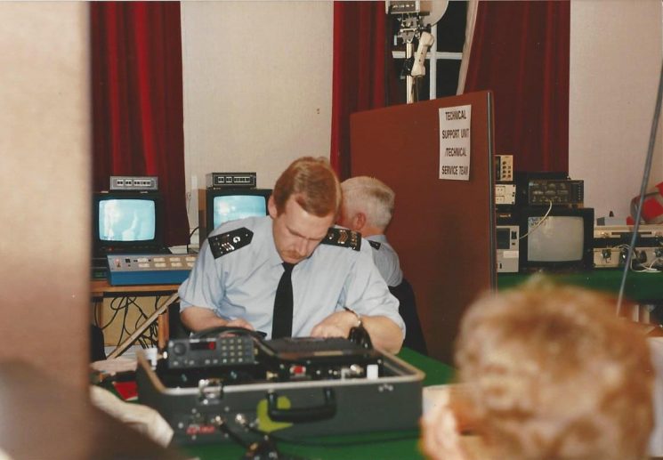 Conservative Conference Cheltenham  1990   - Police Technical  Support Team in the temporary  control room  at Cheltenham Town Hall . (Gloucestershire Police Archives URN 6058) | Photograph from Wayne Freeth-Selway
