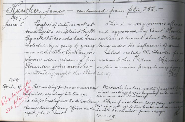 James Hawker June  1907 and April 1909  neglect of duty by  not attending to an assault complaint and not making enquiries into a burglary. (Gloucestershire Police Archives URN 7891) 