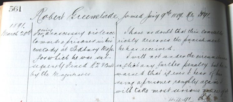 Robert Greenslade March  1891. Using unnecessary violence towards a prisoner. (Gloucestershire Police Archives URN 7899) 