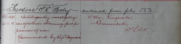 Theodore Forty, August 1891. Commended for investigating soldiers obtaining food for prisoners of war. (Gloucestershire Police Archives URN 7909) 