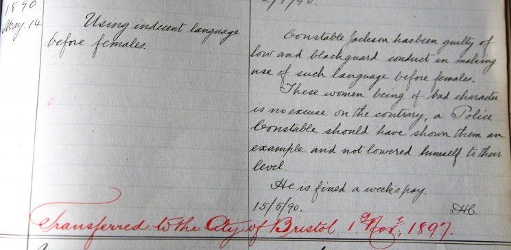 W Jackson May 1890. Using indecent language before females. (Gloucestershire Police Archives URN 7942) 