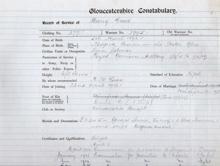 Record of Service. Harry Creed. (Gloucestershire Police Archives URN 9014)