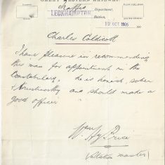 Letter of recommendation for Charles Coldicott from the Station Master of Leckhampton Station. (Gloucestershire Police Archives URN 9317)