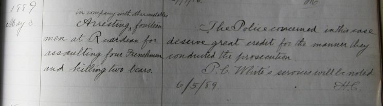 Entry related to Police Constable Edward White joined 25th April 1874 number 2418. This entry is related to the infamous 
