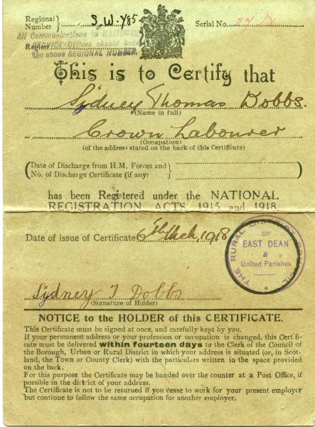Identity card belonging to Sydney Dobbs. (Gloucestershire Police Archives URN 10475)