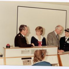 Lady Diana Spencer visiting Headquarters Information Room. From left to right  Assistant Chief Constable L. Whitton; Lady Diana Spencer; Lieutenant Colonel Gibbs; Superintendent Marion Chandler. 