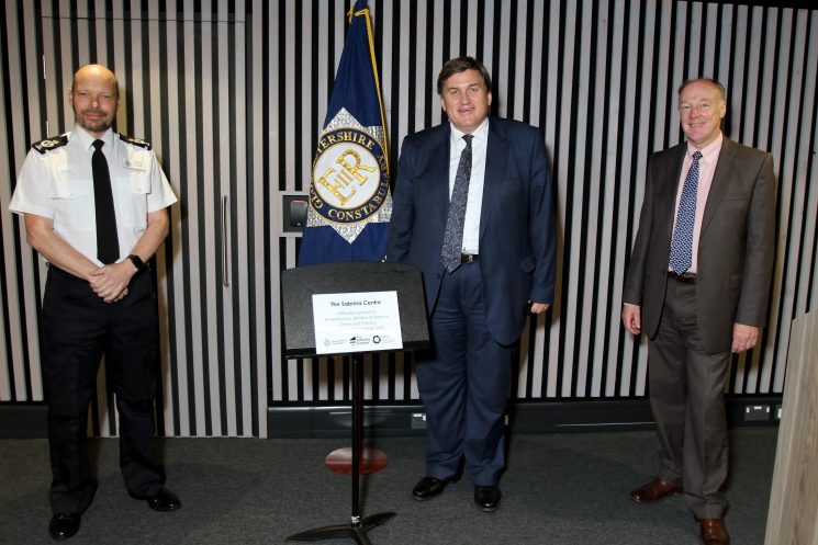 Kit Malthouse, centre, Minister of State in the Home Office and Ministry of Justice, with Chief Constable Rod Hansen, and Martin Surl, Police and Crime Commissioner, after unveiling a plaque at The Sabrina Centre  to officially open Gloucestershire Constabulary's new training centre.   - 8 October 2020. (Gloucestershire Police Archives URN 10920-2) | Photograph from Thousand Word Media