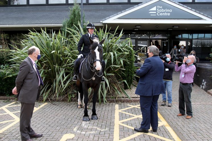Police Constable Walker and  Police Horse Teddington meeting Kit Malthouse, Minister of State in the Home Office and Ministry of Justice, at the opening of The Sabrina Centre. (Gloucestershire Police Archives URN 10920-6) | Photograph from Thousand Word Media